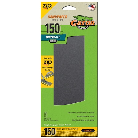 Gator Finishing Zip SilicaCut Drywall Hook and Loop Sandpaper Sheets, 150 Very Fine Grit 7159